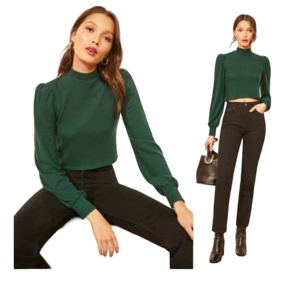 Reformation Jeans Women's Crop Kelly Sweater Pullover  Sz M Puff Sleeve Mock